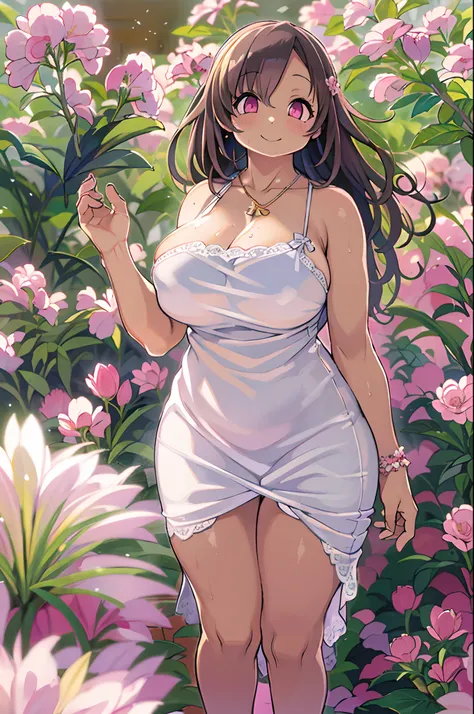 Best Quality, masutepiece, Ultra High Resolution (Photorealistic: 1.4), Raw photo, 1 girl, White Dress, Bare shoulders, A pink flower garden blooms profusely, Glowing skin, slight smile,huge-breasted、bbw,Large Thigh