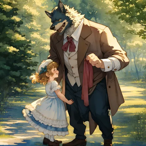 watercolor, soft color, Vintage images, highres, unparalleled masterpiece, absurdres, love story of human Child girl and giant Werewolf, love romance, Detectives and assistants, family photograph, pair, Height difference, Physical difference, perfect anato...