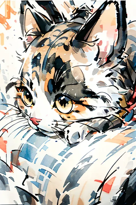 a cat,mixed patterns,close up,Chinese folkloric,clean background,acrylic gouache，mixed patterns,Chinesefolkloric ,acrylic gouache