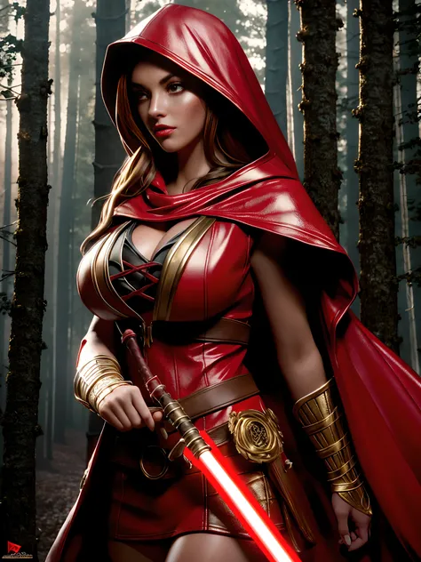 extremely beautiful red riding hood, subtle makeup, golden hour, photorealistic, high contrast, 8k HD, detailed, hyper-detailed, realistic skin texture, covered with red hood, big breast, best quality, ultra high res, raw photo, dramatic lighting, unreal e...