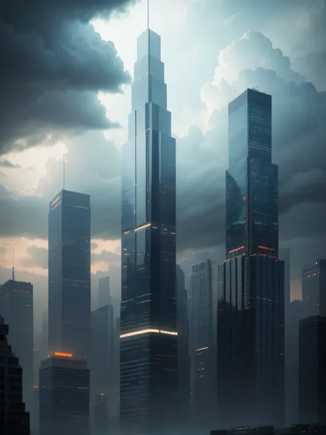 A stormy sky over a cityscape with tall buildings, Tilting, Negative Space, separation light, high key masterpiece, realistic, award winning, volumetric light and fog, neon palette, subsurface scattering, caustics, bloom, perfect exposure, perfect composit...