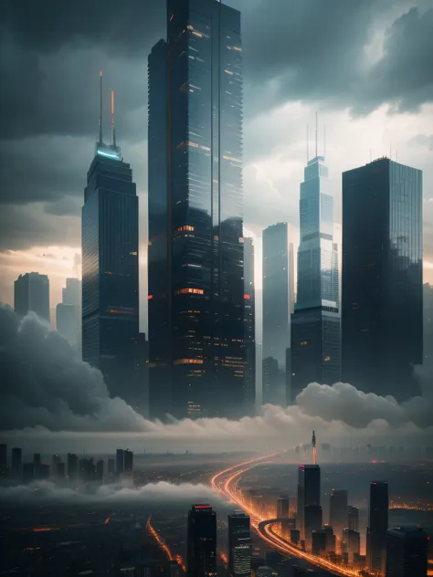 a stormy sky over a cityscape with tall buildings, tilting, negative space, separation light, high key masterpiece, realistic, a...