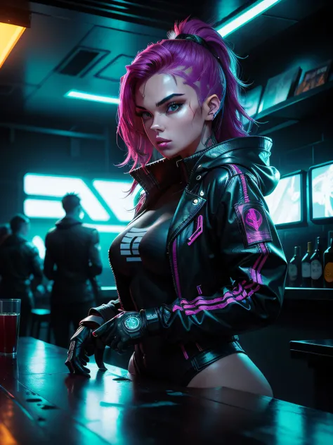 cgmech, interior medium shot of a beautiful cyberpunk character, women urbansamurai inside a nightclub wearing a (techwear jacket:1.2), that accentuates her curves and gives her a powerful, yet sleek appearance with voluminous, brightly dyed hair, in the s...