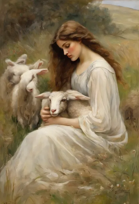 William waterhouse style painting {high quality} {soft beautiful face}, {soft features} long dark hair maiden in meadow laying in a haystack, holding young baby lamb,{ lamb has to have pretty proportiona face and body}, {proportional arms, no extra arms, d...