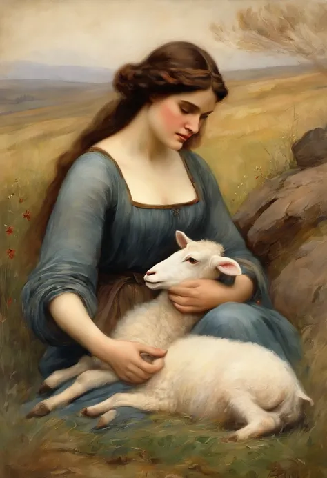 William waterhouse style painting {high quality} {soft beautiful face}, {soft features} long dark hair maiden in meadow laying in a haystack, holding young baby lamb,{ lamb has to have pretty proportiona face and body}, {proportional arms, no extra arms, d...