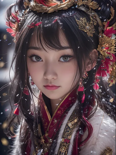 Chinese Tibetan girl, flowing hair, burgundy hair, Onsen District, Flame Girl, Yao Lang protector, python pattern robe, Black gold master Kawashima work headdress, gradient glass texture, ultra-realistic, (masterpiece, hyper HD, 32K), Snowflakes fluttering...