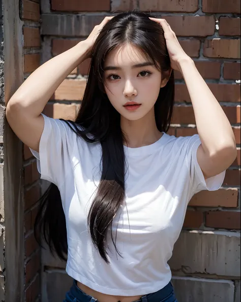 arafed woman leaning against a brick wall with her hands on her head, korean girl, asian girl, gorgeous young korean woman, open v chest clothes, young asian girl, a young asian woman, beautiful south korean woman, wearing black tshirt, beautiful young kor...