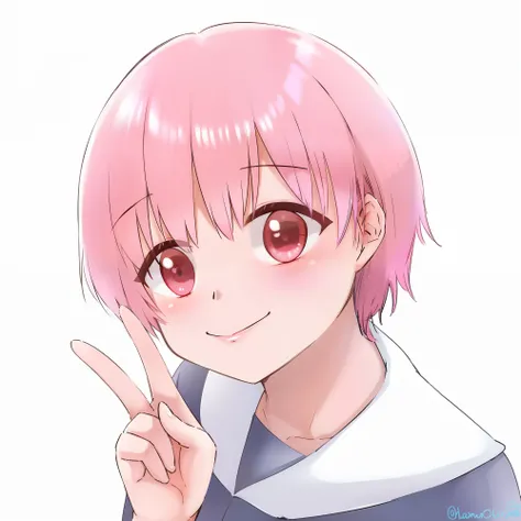 Anime girl with pink hair and red eyes makes a peace sign, cute girl with short pink hair, Haruno Sakura, with index finger, sayori, kinmoza!, Yayoi Kasuma, chiho, Cute anime face, kawaii realistic portrait, With pink hair, (Anime Girl), Cute anime girl, k...