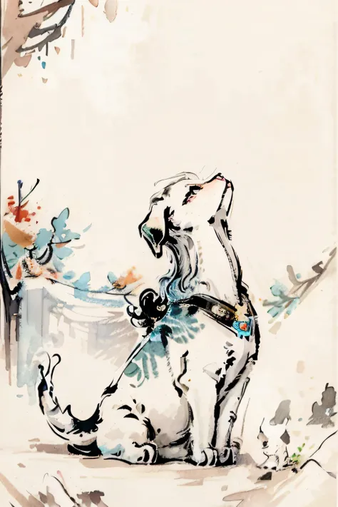 A white stray dog，Looking up to humanity，Animal Rescue Center，Dirty，wistful look，China-style，ink and watercolor painting，cartoony，illustration，A detailed