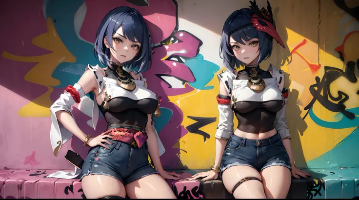 Kujou Sara Genshin Effect, masterpiece, bestquality, 1girls, bara, crop top, shorts jeans, choker, (Graffiti:1.5), Splash color into letters"Kujou Sara",  arm behind back, against wall, looking at the audience, bracelet, Thigh strap, Paint on the body........