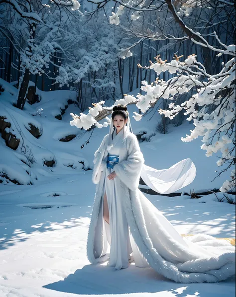 araffe woman in a white and gold dress and fur stole, full body xianxia, white hanfu, hanfu, flowing hair and long robes, a beautiful fantasy empress, wearing ancient chinese clothes, with acient chinese clothes, flowing magical robe, high quality costume,...