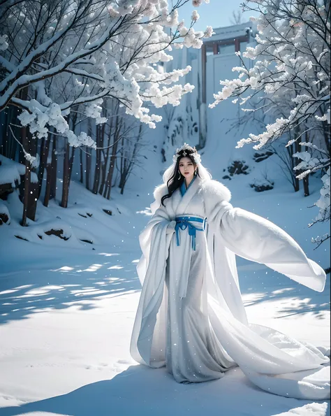 araffe woman in a white and gold dress and fur stole, full body xianxia, white hanfu, hanfu, flowing hair and long robes, a beautiful fantasy empress, wearing ancient chinese clothes, with acient chinese clothes, flowing magical robe, high quality costume,...