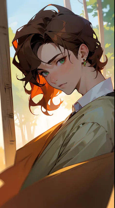 ((tmasterpiece)),(((beste-Qualit))), Close-up of young boy with brown hair, Subsurface scattering skin, Attractive humanoid, in rustic clothes, shirt, high detail, Skinny fantasy man, Fan art, Art, looks at the viewer, handsome male, ruddy, Green eyes, Ski...