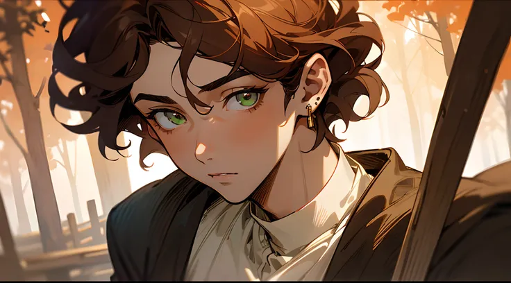 ((tmasterpiece)),(((beste-Qualit))), Close-up of young boy with brown hair, Subsurface scattering skin, Attractive humanoid, in rustic clothes, shirt, high detail, Skinny fantasy man, Fan art, Art, looks at the viewer, handsome male, ruddy, Green eyes, Ski...