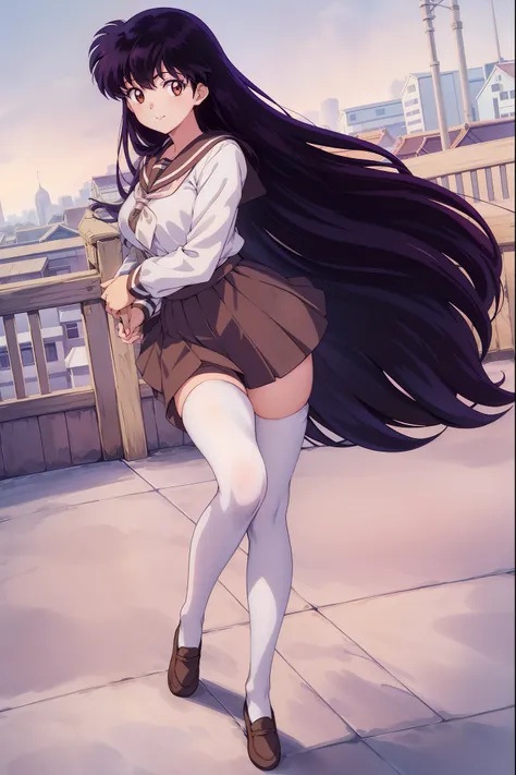 (Best Quality), 1Woman,1Kagome Higurashi Girl, Brown eyes, Full body, Realistic Photos, (hyperrealistic:1.2), perfect eyes, perfect face, perfect illumination, outdoors, warm colors, Town, school uniforms, happy, , walking,, smile, pantyhose