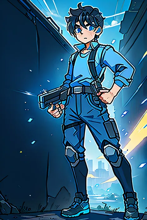 Young male Short black hair, blue clothes, gamer, front full body, gun