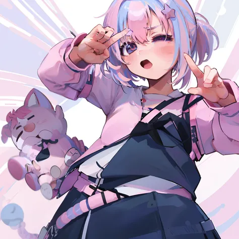 Anime girl with pink hair and red eyes makes a peace sign, cute girl with short pink hair, Haruno Sakura, with index finger, sayori, kinmoza!, Yayoi Kasuma, chiho, Cute anime face, kawaii realistic portrait, With pink hair, (Anime Girl), Cute anime girl, k...