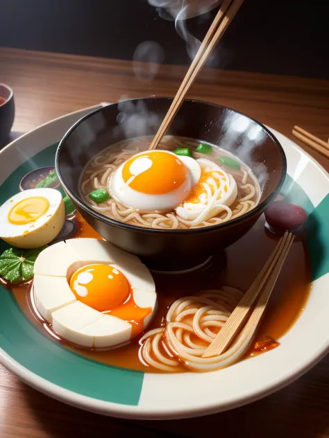 ultra detailed 8k cg, japanese ramen, chopsticks, egg, steam,