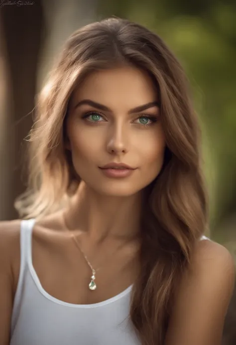 Arafed woman with a white tank top and necklace, fille sexy aux yeux verts, Portrait Sophie Mudd, cheveux bruns et grands yeux, selfie of a young woman, Yeux de chambre, Violet Myers, sans maquillage, maquillage naturel, looking straight at camera, Visage ...