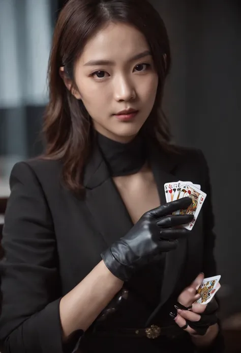 A young Japanese woman with a black suit up to a shirt and playing cards with black leather gloves on both hands