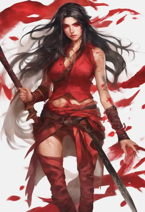 super realistic red demon sexy hot woman with red eyes waring Samurai top cargo trouser with sword and black messy hair, tattoos on the body, full body, styled messy hair,