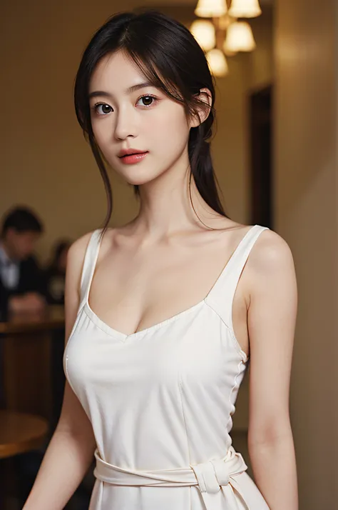 Very beautiful and detailed description、super realistic details、​masterpiece、top-quality、 Above the groin, very fair and very beautiful skin、Beautiful woman with round face、(symmetrical and very large beautiful eyes, Very beautiful and detailed description...