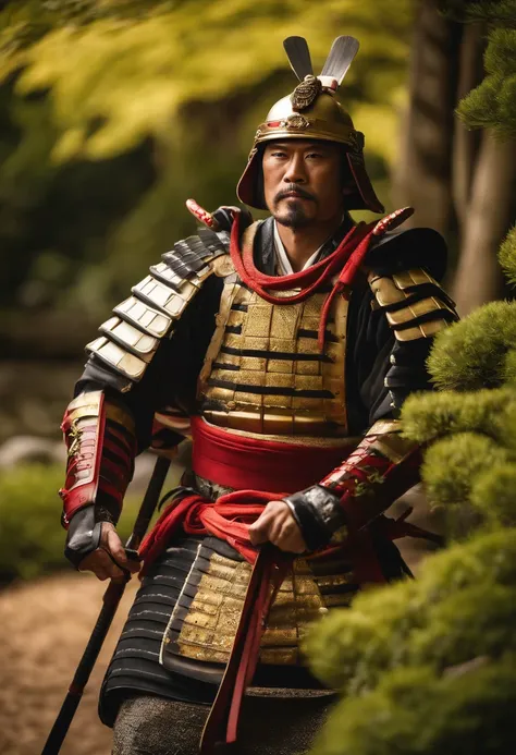 Capture the essence of a stoic and powerful samurai warrior in a realistic professional and marketing photoshoot. The samurai, adorned in vibrant armor, stands tall in a lush and serene Japanese garden. The soft sunlight filters through the trees, casting ...