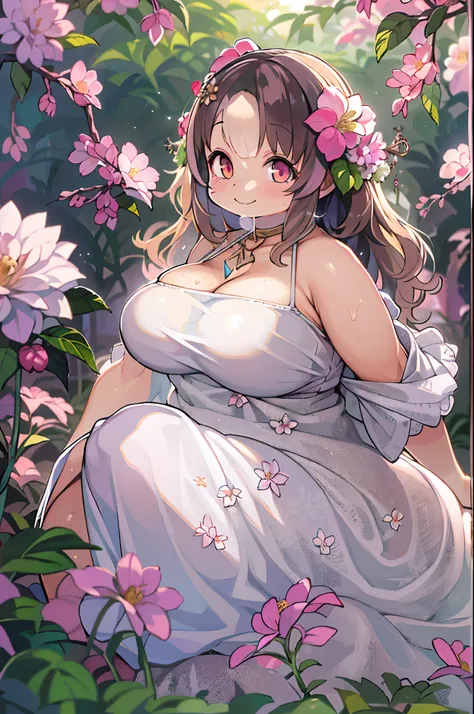 Best Quality, masutepiece, Ultra High Resolution (Photorealistic: 1.4), Raw photo, 1 girl, White Dress, Bare shoulders, Pink flower garden blooms profusely, Glowing skin, slight smile,huge-breasted、(((bbw))),Large Thigh