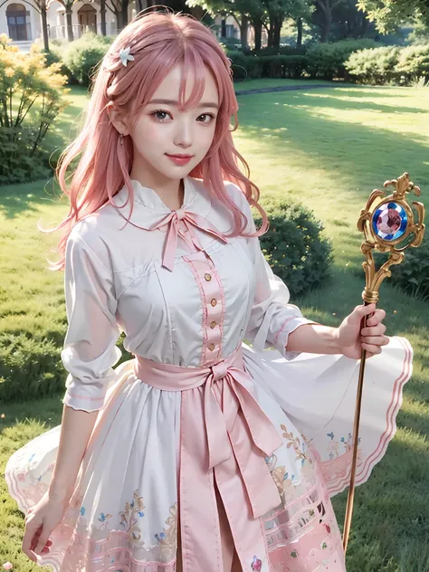 masterpiece, best_quality, ultra-detailed, illustration, art nouveau, viewfinder, cowboy shot, looking at viewer, ((solo)), ((1girl)), magical girl, magic circle, pink hair, smile, holding staff, mage staff,