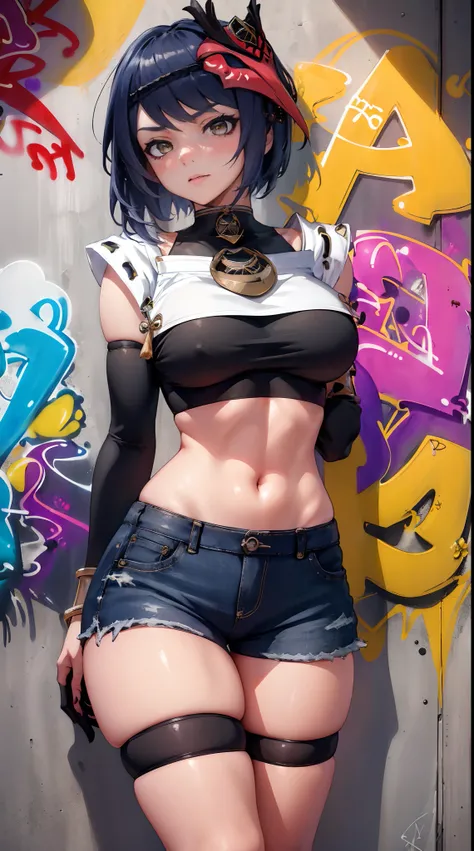 Kujou Sara Genshin Effect, masterpiece, bestquality, 1girls, bara, crop top, shorts jeans, choker, (Graffiti:1.5), Splash color into letters"Kujou Sara",  arm behind back, against wall, looking at the audience, bracelet, Thigh strap, Paint on the body........