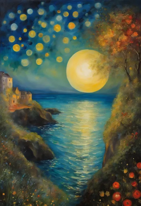 abstract painting|ART|Artistically| Marc Chagall |On a cliff overlooking the sea surrounded by glowing fireflies(Under the full moon)Standing in the ethereal&lt;br&gt;Magical Lady|(highcontrast:1.5) |dream-like |PastelColors|watercolor paiting |(intricate-...