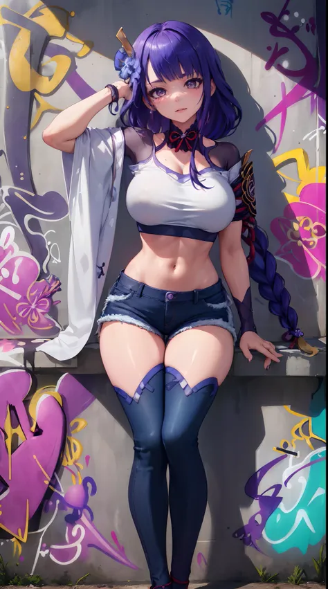 Raiden Shogun Genshin Impact, masterpiece, bestquality, 1girls, bara, crop top, shorts jeans, choker, (Graffiti:1.5), color splashes, arm behind back, against wall, looking at the audience, bracelet, Thigh strap, Paint on the body......................, He...