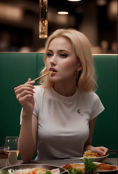 blonde woman eating a meal in a restaurant with chopsticks in her mouth, yelena belova, irina nordsol kuzmina, anastasia ovchinn...