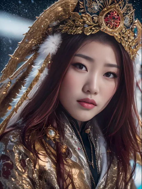 Chinese Tibetan girl, flowing hair, burgundy hair, Onsen District, Flame Girl, Yao Lang protector, python pattern robe, Black gold master Kawashima headdress, gradient glass texture, ultra-realistic, (masterpiece, hyper HD, 32K), Snowflakes fluttering, hig...