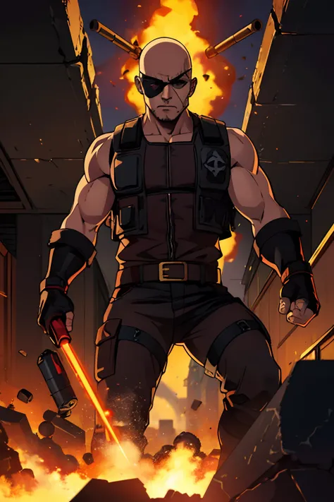 (dangerous,explosive:1.2) A bald man with (intense expression:1.1) (leather eye patch:1.3) (one-eyed:0.9) holding (TNT dynamite :1.3) sticks in his hands. He is wearing a (military vest:1.1) and has a naked torso, revealing his (muscular build:1.1). The (T...