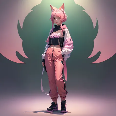 1girl, animal_ears, long pants, full body view, ultra detailed, gradient, gradient_background, green_background, looking_at_viewer, pink_hair, solo by JM