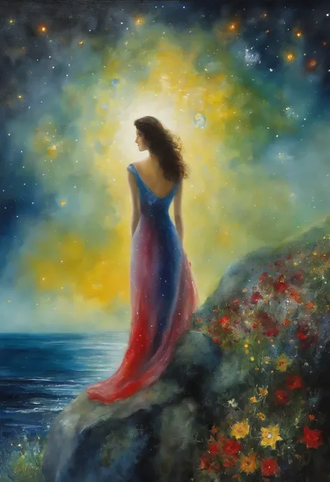 abstract painting|ART|Artistically| Marc Chagall |Ethereal standing on a cliff overlooking the sea surrounded by fireflies shining under the stars&lt;br&gt;Devilish Woman|(highcontrast:1.5) |dream-like |PastelColors|watercolor paiting |(intricate-detail:1....