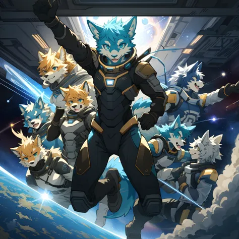 highres, top quality, best quality, paid reward available, High-quality illustrations, unparalleled masterpiece(battle movie of space ship interior)STAR Ocean, Cosmic suit, 6+boys, 6+girls(furry anthro:1.7)absurdres(highly detailed beautiful face and eyes)...