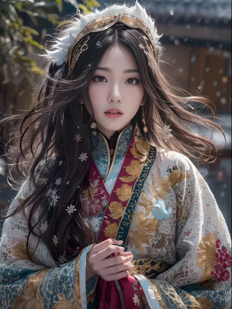 Chinese Tibetan girl, flowing hair, burgundy hair, Onsen District, Flame Girl, Yao Lang protector, python pattern robe, Black gold master Kawashima work headdress, gradient glass texture, ultra-realistic, (masterpiece, hyper HD, 32K), Snowflakes fluttering...