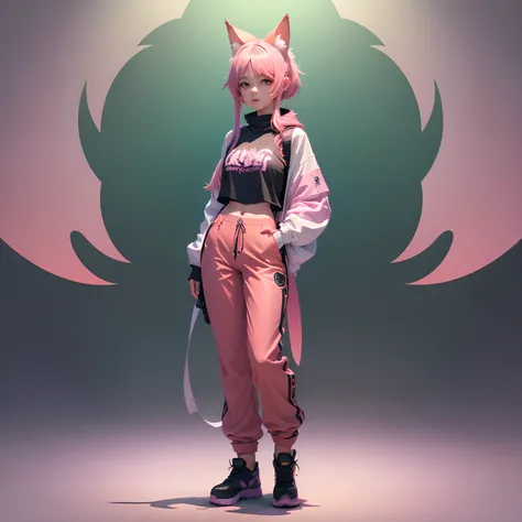 1girl, animal_ears, long pants, full body view, ultra detailed, gradient, gradient_background, green_background, looking_at_viewer, pink_hair, solo by JM