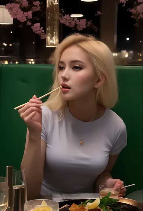 blonde woman eating a meal in a restaurant with chopsticks in her mouth, yelena belova, irina nordsol kuzmina, anastasia ovchinn...