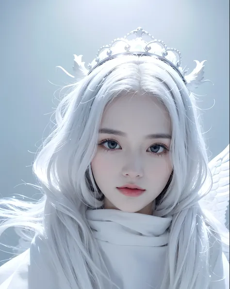 there is a woman with a crown on her head posing for a picture, heavenly, whie tcolor, with white, white sky, with white skin, white gold, white color, milky white skin, white wings, white crown, white veil, white monochrome color!!!!!, white light halo, w...