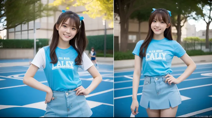 18-year-old cheergirl in a light blue miniskirt（T-shirt wearing）