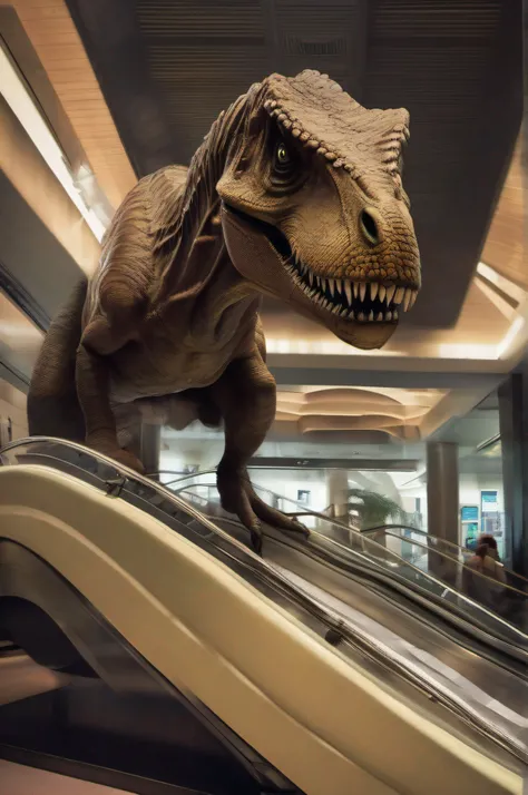 A stunning and captivating scenario unfolds as a T-Rex elegantly ascends an escalator in a bustling metropolitan setting. This realistic professional and marketing photoshoot showcases the juxtaposition of ancient power and modern urbanity, with exquisite ...