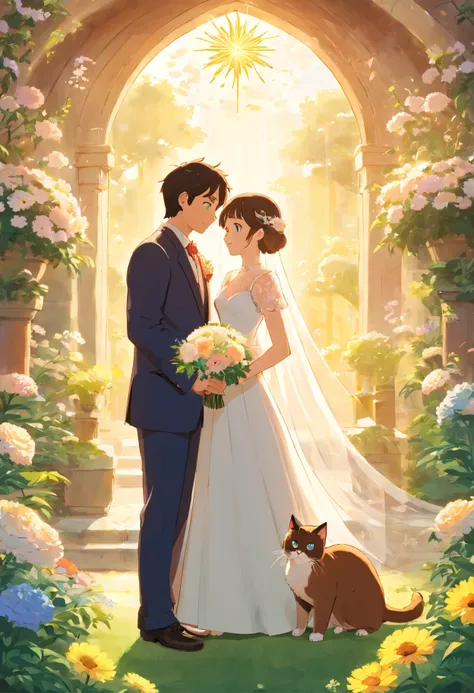 （Poster design）A wedding poster，Groom and bride，Holding a Siamese cat，fresh flowers，rays of sunshine