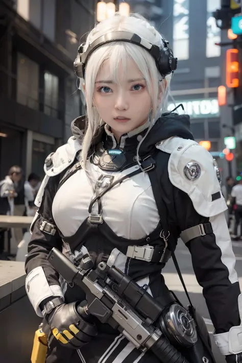 girl, White hair, NVIDIA, Cyberpunk、Without helmet、Open your mouth wide