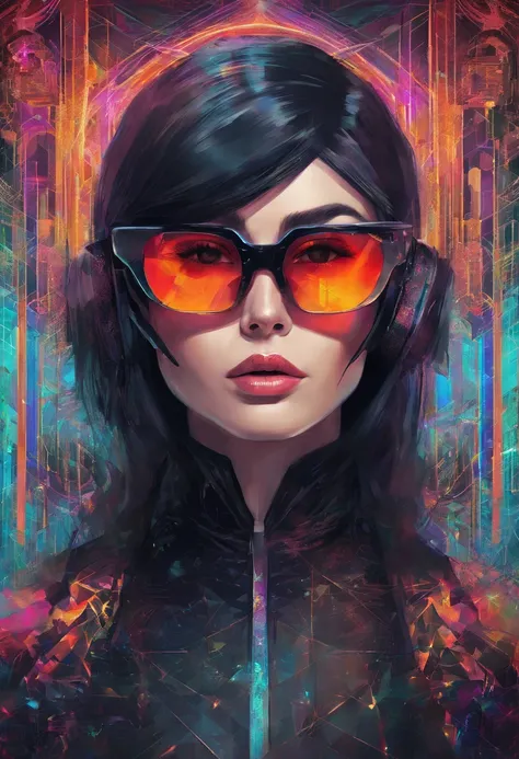 Portrait of an attractive beautiful woman with black hair with gothic costume, (altamente detalhado: 1.2), Hyper-detailed eyes and use of high-tech sunglasses with holographic display 1.2) ,Gorgeous multidimensional geometric wall, Vibrant vivid color colo...