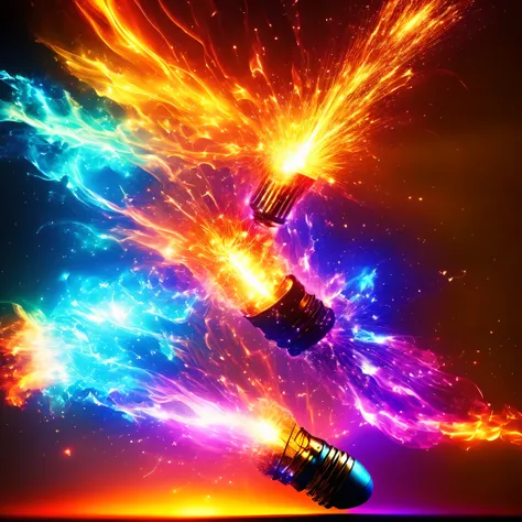 Light bulb, explosion of brilliant light bursts from the light bulb, enlightenment, new idea, vivid colours, epic fantasy, joy