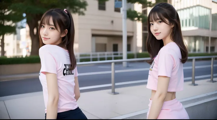 18-year-old cheergirl in a pink miniskirt（T-shirt wearing）turns around