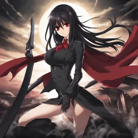 masterpiece, best quality, akame (akame ga kill!), full body, 1girl, solo, long hair, black hair, red eyes, necktie, very long hair, looking at viewer, gloves, breasts